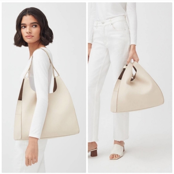 Cuyana Bags Cuyana Oversized Double Loop Pebbled Leather Minimalist Shoulder Bag Ecru Purse